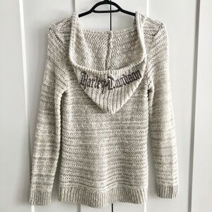Harley Davidson Chunky Knit Hooded, Embroidered, Marled, Gray, Pullover, Sweater